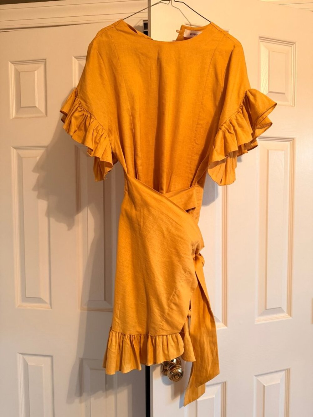 Storets Mustard Yellow Ruffle Wrap Mini Dress